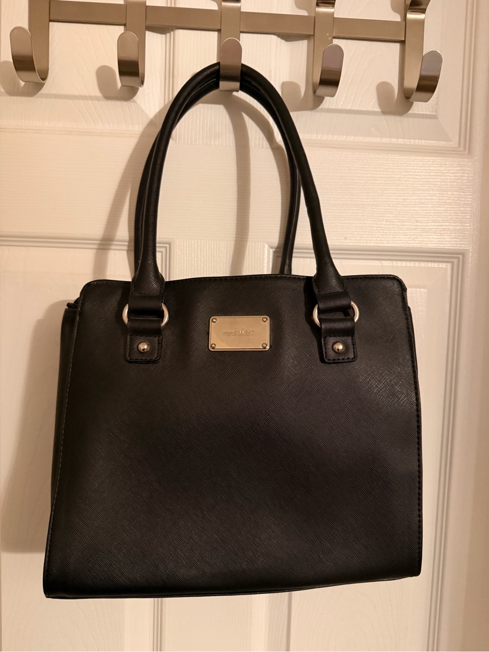 Nine West Black Saffiano Faux Leather Satchel Bag with Leopard Lining
